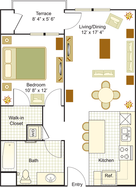 Floor plan for 1 bed, 1 bath, 694 sqft